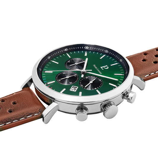 PIERRE LANNIER Montre Homme BARON Cadran Vert Bracelet Cuir Perforé Brun