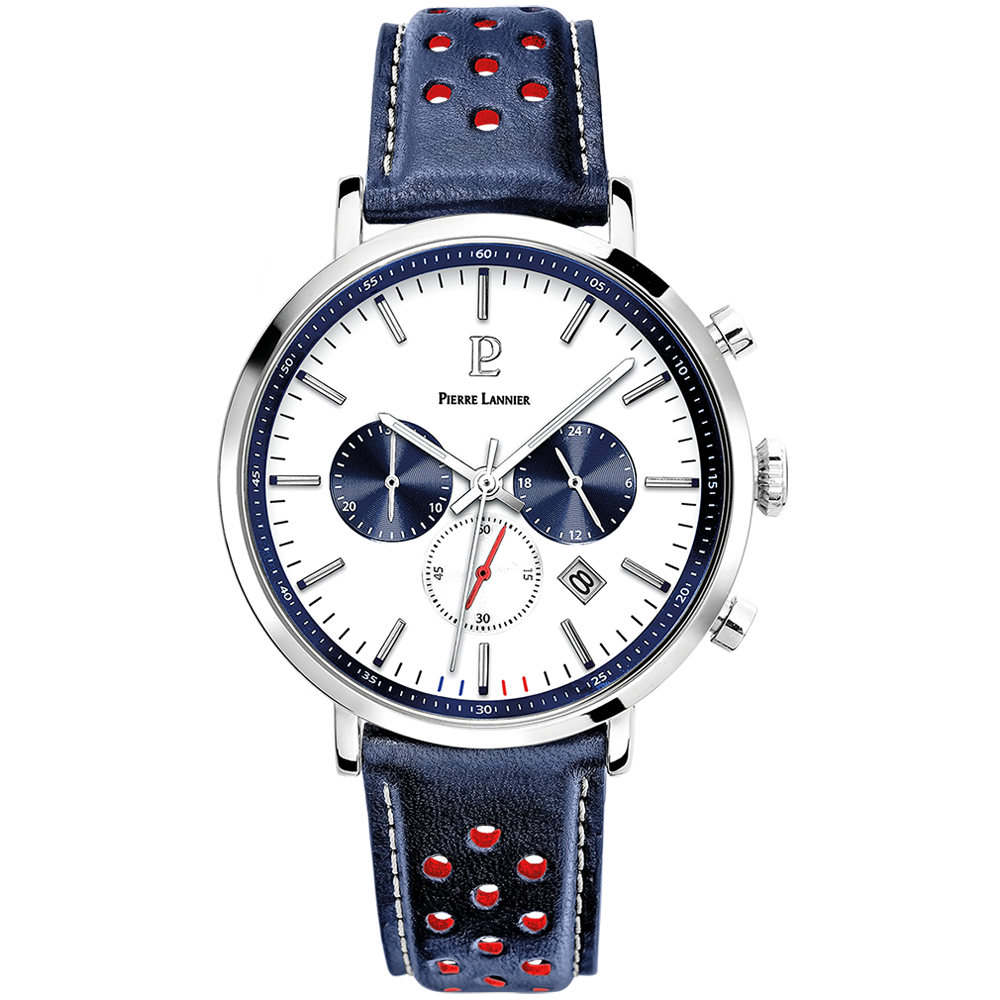 PIERRE LANNIER Montre Homme BARON Cadran Blanc Bracelet Cuir Perforé Bleu