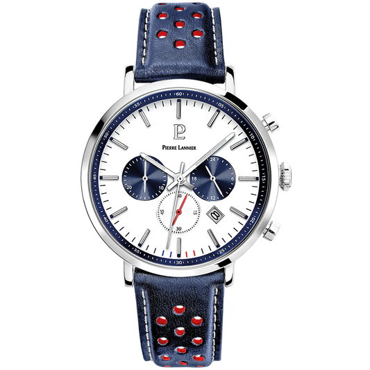 PIERRE LANNIER Montre Homme BARON Cadran Blanc Bracelet Cuir Perforé Bleu