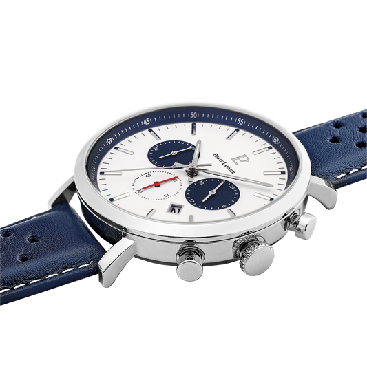 PIERRE LANNIER Montre Homme BARON Cadran Blanc Bracelet Cuir Perforé Bleu
