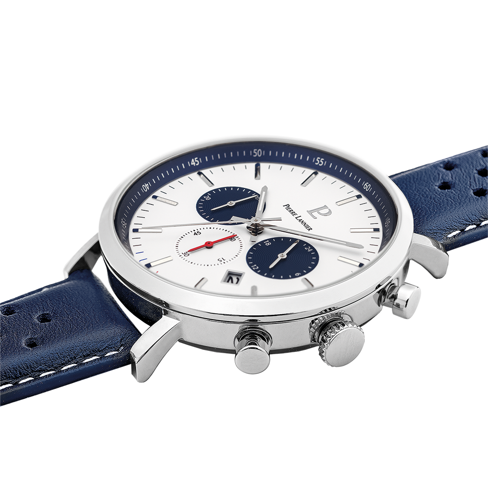 PIERRE LANNIER Montre Homme BARON Cadran Blanc Bracelet Cuir Perforé Bleu