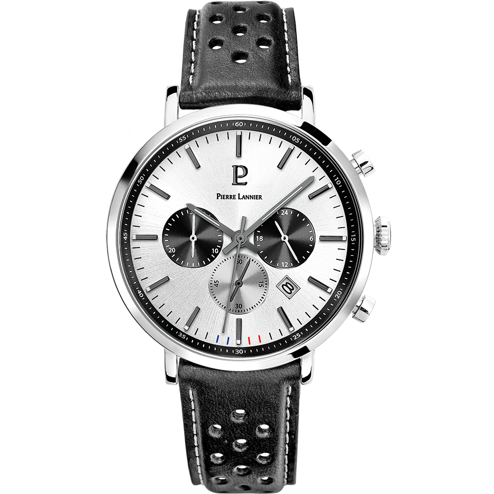 PIERRE LANNIER Montre Homme BARON Cadran Argenté Bracelet Cuir Perforé Noir