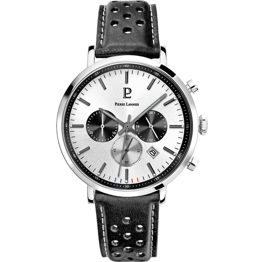 PIERRE LANNIER Montre Homme BARON Cadran Argenté Bracelet Cuir Perforé Noir