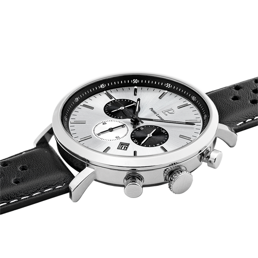 PIERRE LANNIER Montre Homme BARON Cadran Argenté Bracelet Cuir Perforé Noir