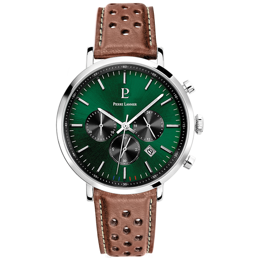 PIERRE LANNIER Montre Homme BARON Cadran Vert Bracelet Cuir Perforé Brun