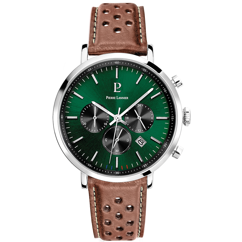 PIERRE LANNIER Montre Homme BARON Cadran Vert Bracelet Cuir Perforé Brun
