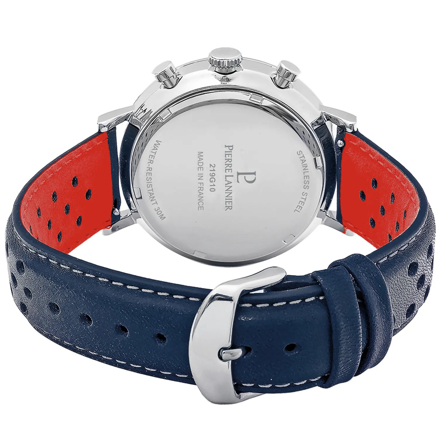 PIERRE LANNIER Montre Homme BARON Cadran Blanc Bracelet Cuir Perforé Bleu