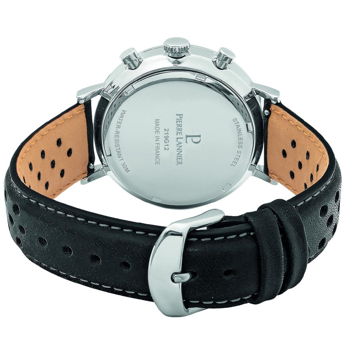 PIERRE LANNIER Montre Homme BARON Cadran Argenté Bracelet Cuir Perforé Noir