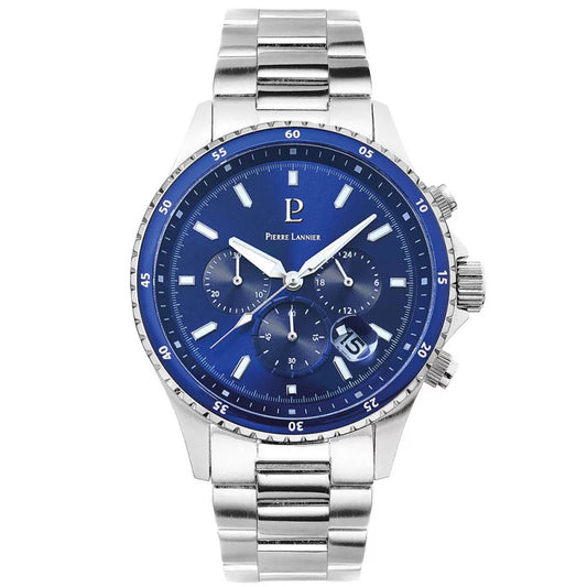 PIERRE LANNIER Montre Homme CRONOS Cadran Bleu Bracelet Acier Argenté